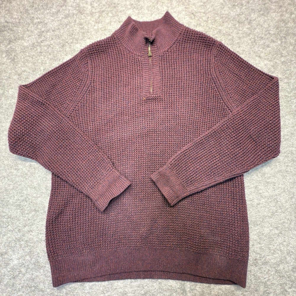 L.L.Bean Quarter Zip Men XL Waffle Knit Organic Cotton Red Plum Solid